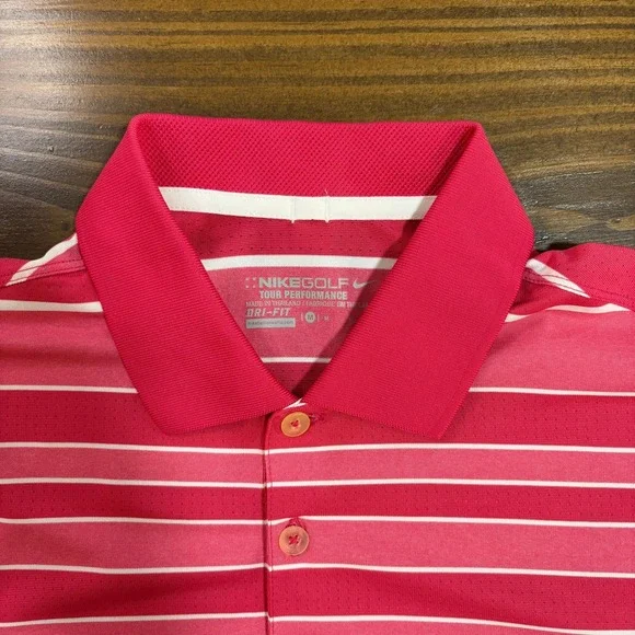 NIKE GOLF Mens Medium Pink Striped Dri Fit Polo Shirt Tour Performance - Picture 2 of 7